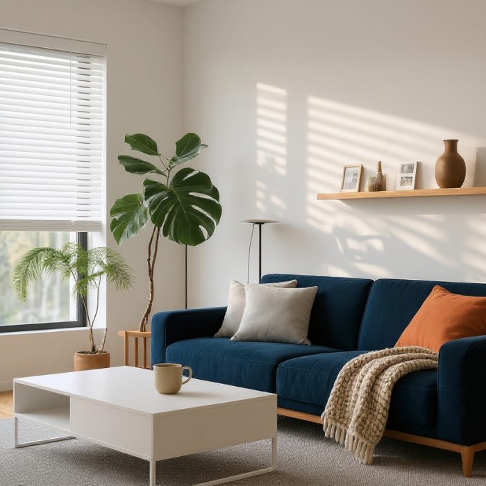 Wood Blinds White Modern Living Room